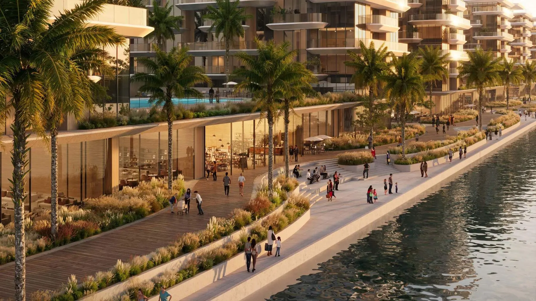 Palm lined canal promenade on the Yas Canal